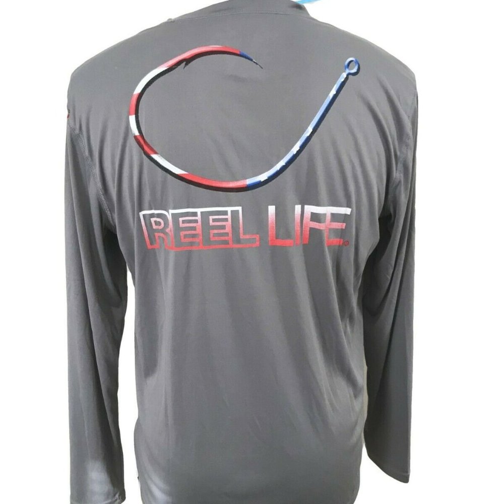 SOLD🔥NWT Reel Life LS T-Shirt Gray Patriotic Hook - Picture 1 of 8